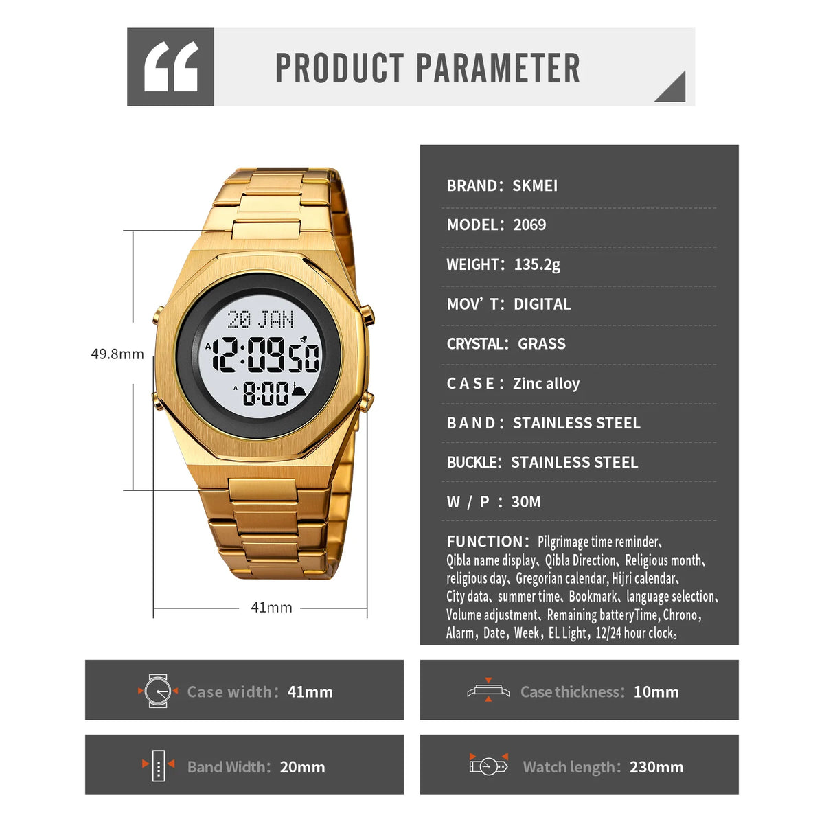 Islamic Watch - SKMEI 2069 Prayer Time & Qibla Compass Men's Wristwatch