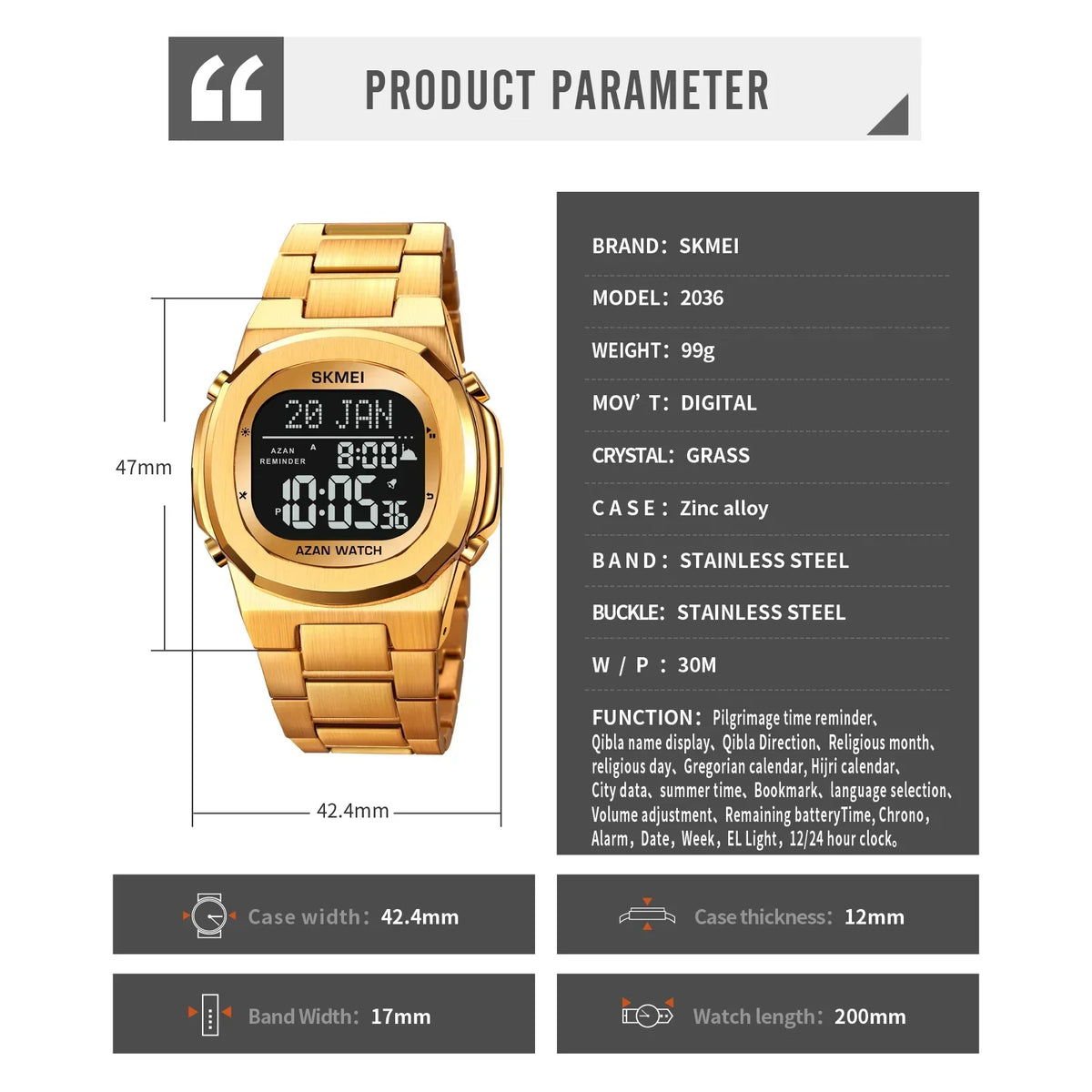 Islamic Watch - SKMEI Fashion Sport Waterproof Steel Electronic Men's Wrist Watch