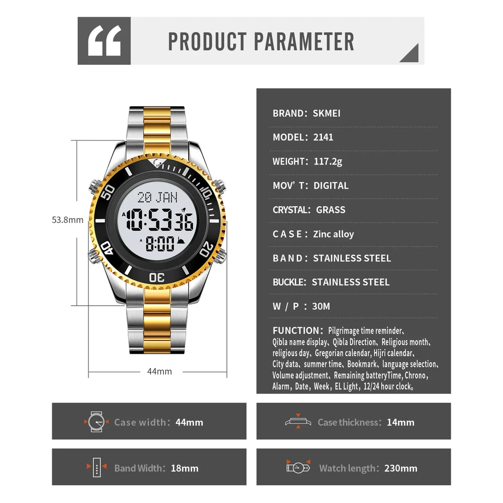 Islamic Watch: SKMEI 2141 Stainless Steel Digital Wristwatch