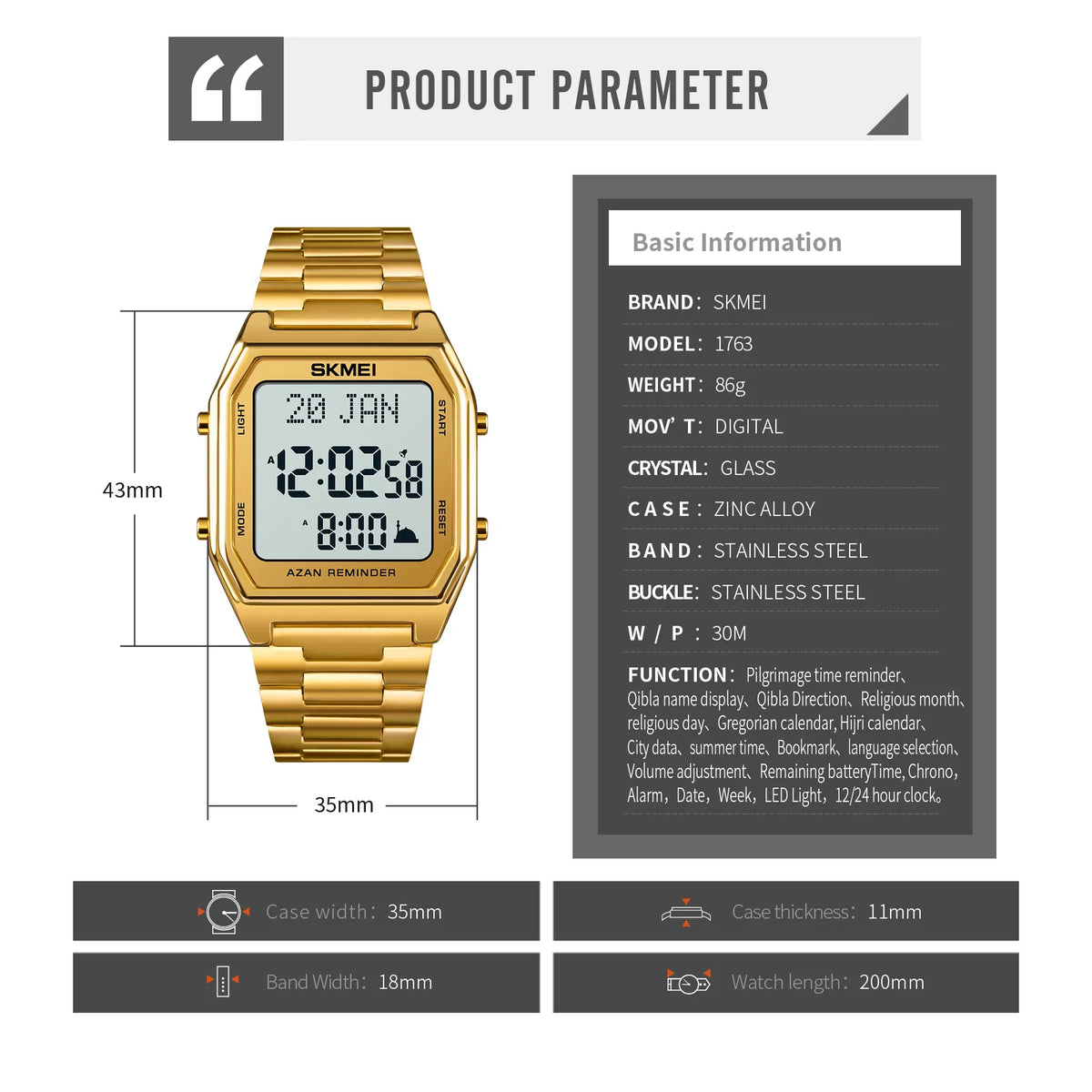 Islamic Watch - SKMEI 1763 Sport Waterproof Digital Wristwatch for Men