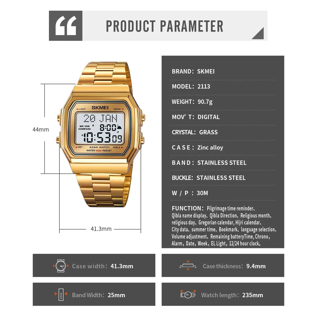 Islamic Watch: SKMEI 2113 Mens Prayer Azan Compass Alarm Wristwatch